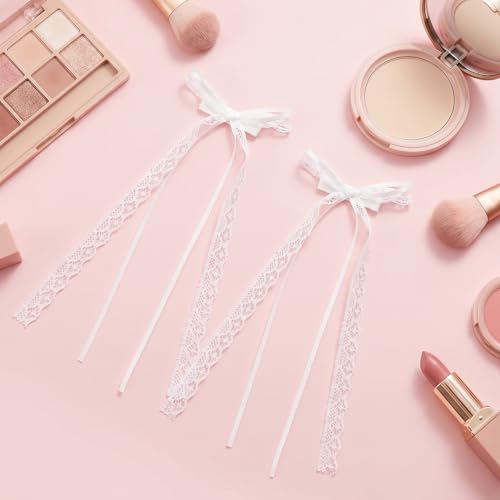 Zelphvt White Lace Hair Bows with Long Tails & Alligator Clips
