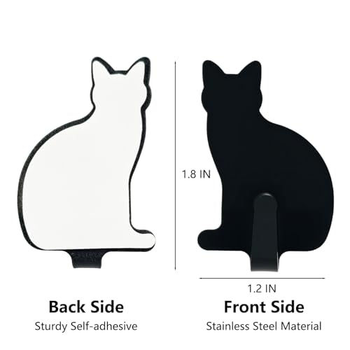 DueHoppee 8-Pack Adhesive Cat Wall Hooks, Black Stainless Steel Decor
