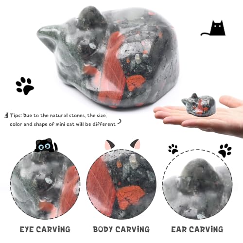 WHAL&YUNE Natural Bloodstone Crystal Cat Figurine, Hand Carved 2-Inch Home Decor Gift