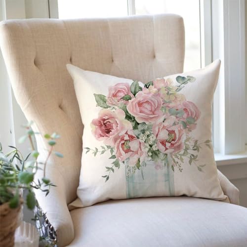 PANDICORN Pink Floral Spring Throw Pillow Cover, 18x18 Inch Farmhouse Decor