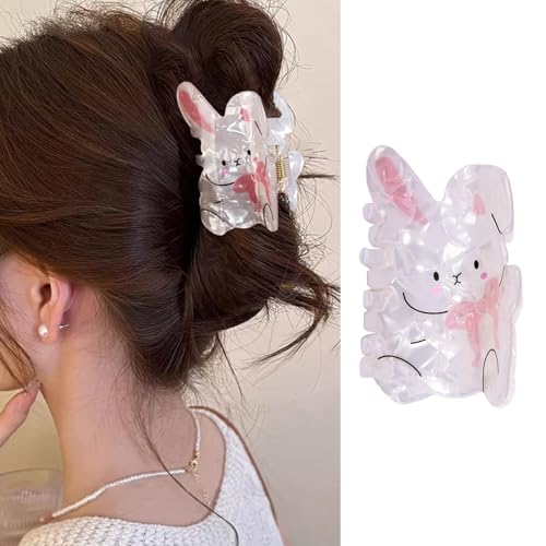 JUNCHAO Easter Bunny Hair Claw Clip with Pink Bow & Rhinestones