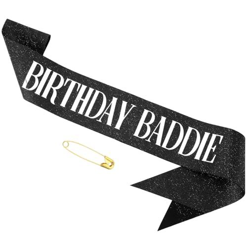Birthday Baddie Sash for Adults - Black Glitter with Silver Foil