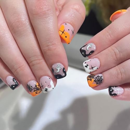 Halloween Press on Nails Short Square French Tip Fake Nails Ghost Spider Web