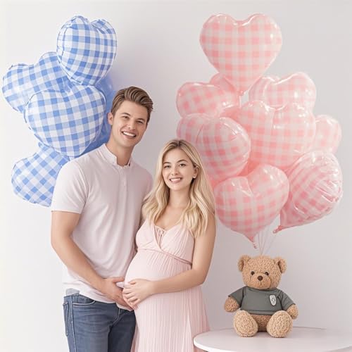 10 Pcs 18-Inch Blue Checked Heart Balloons - Pastel Gingham Foil Party Decor