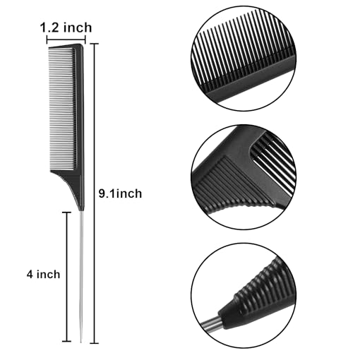 Leinuosen 2 Pcs Rat Tail Combs Carbon Fiber Metal Pin Teasing Hair