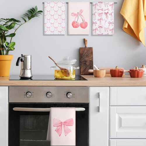 Macarrie 4-Piece Pink Bow Kitchen Towels Set - Soft & Absorbent