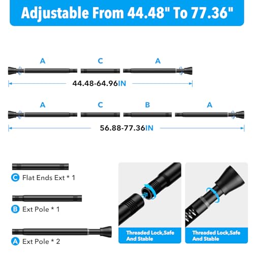 ZipGlo Tension Curtain Rod, Black, Adjustable 40-73 Inch No-Drill Shower Rod