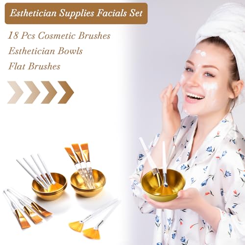 DLUGOPIS 18 Pcs Esthetician Facial Mask Mixing Set with Gold Bowls and Brushes