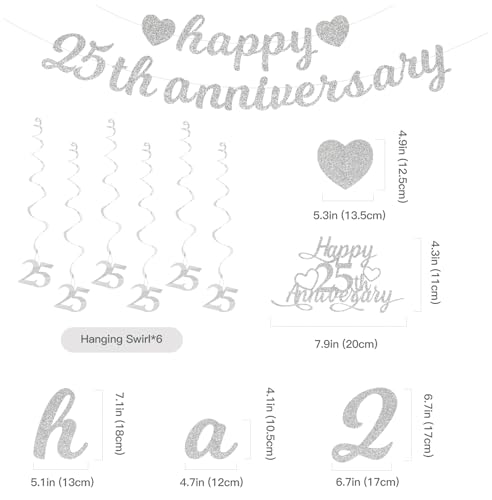 Silver 25th Anniversary Party Decorations Set - Banner, Cake Topper & Swirls