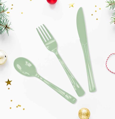 Sage Green Plastic Silverware Set - 75 Pack for 25 Guests