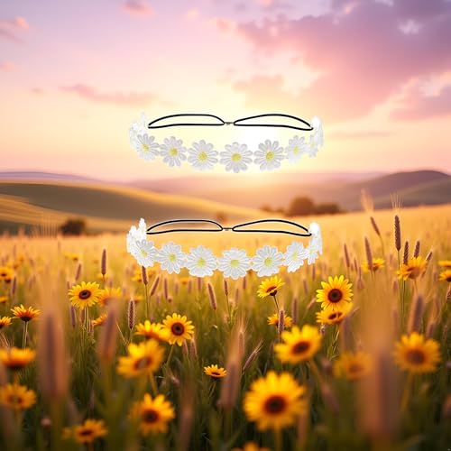 Daisy Flower Headband 2Pcs White Boho Floral Crown Wreath