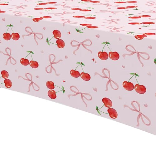 Cherry and Bows Party Tablecloth, 3-Pack Disposable Table Covers, 86x55"