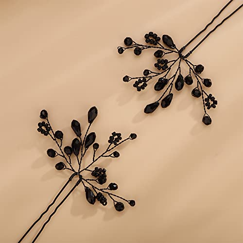Teyglen Black Crystal Bridal Hair Pins Set of 2 Wedding Rhinestone Hair Pieces