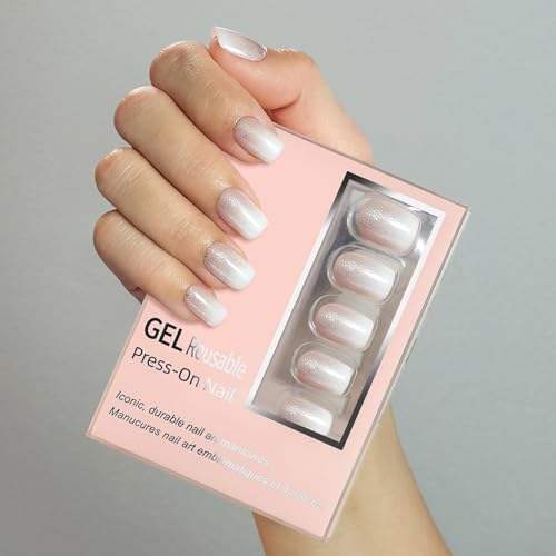 White Gradient Press on Nails Short Square False Nails with Silver Glitter