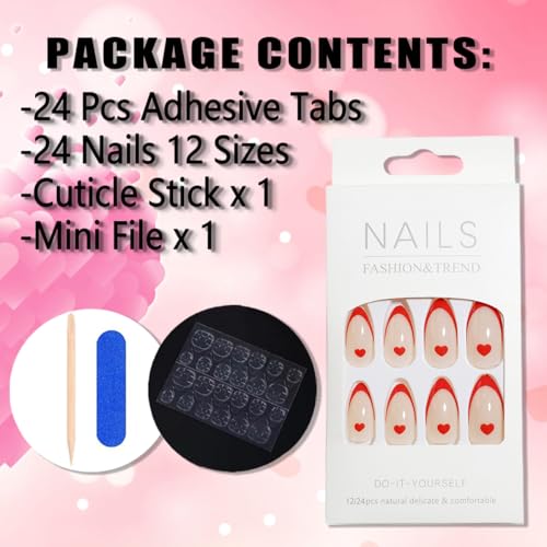 Valentines Press-On Nails Medium French Tip Heart Red Acrylic Fake Nails