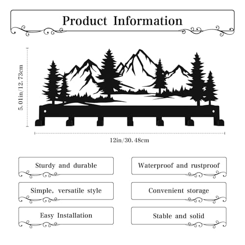 Hounahha 12-Inch Wall Mounted Key Holder with 7 Hooks, Mountain & Grove Design, Black Metal Storage Rack for Home & Office