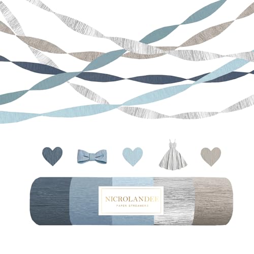 Nicrolandee Dusty Blue & Silver Crepe Paper Streamers - 5 Rolls for Bridal Shower & Party Decorations