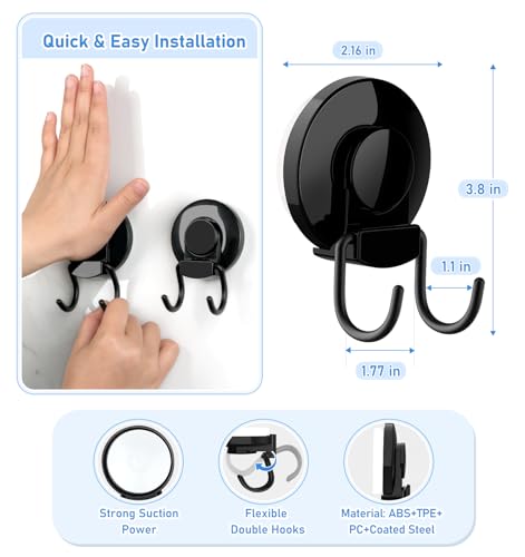 Heavy Duty Shower Suction Cup Hooks - Removable & Reusable, 2 Pcs