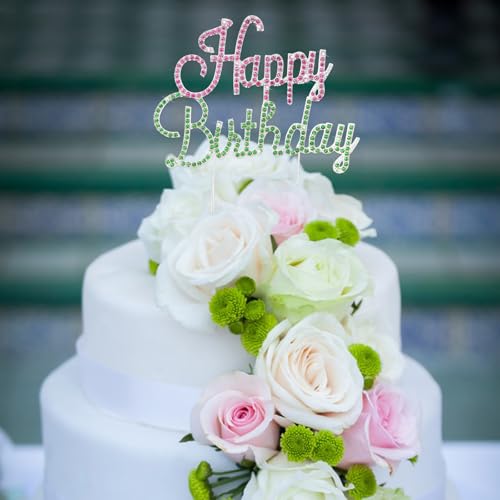 Jaciya Gold Birthday Cake Topper with Pink Green Rhinestones