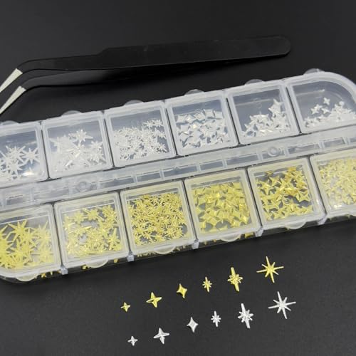 Star Nail Art Charms 3D Gold and Silver Metallic Studs with Tweezers
