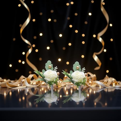 White Rose Boutonniere Set of 2 Artificial Flowers with Pins for Wedding