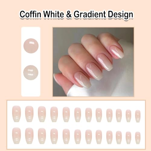 ANDGING Ombre White & Pink Coffin Press on Nails - 24Pcs Short False Acrylic Nails
