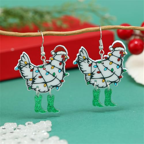 Christmas Earrings for Women - Green Christmas Chicken - Festive Santa Tree Cat Dinosaur Acrylic Holiday Jewelry