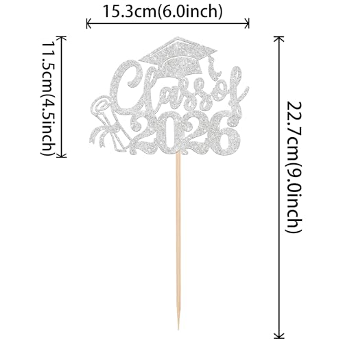 Class of 2026 Silver Glitter Cake Topper Congrats Grad Cap Diploma Pick
