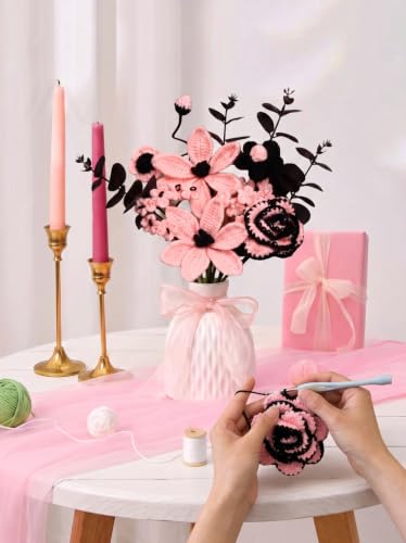 Crochet Flowers Bouquet - Pink & Black Handmade Knitted Gift for Her