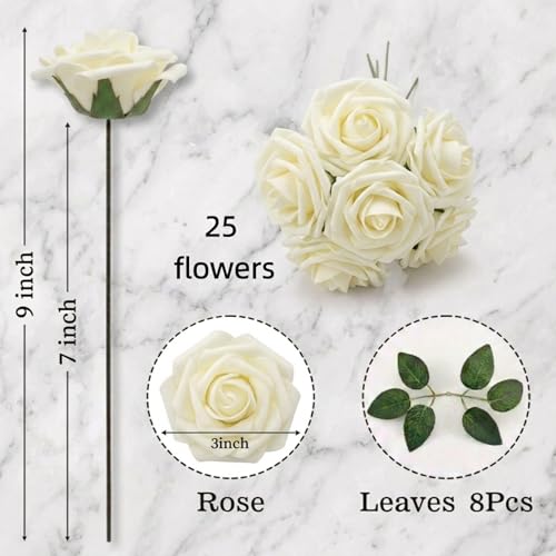 Aegero 25-Piece Ivory Foam Artificial Roses with Bendable Stems