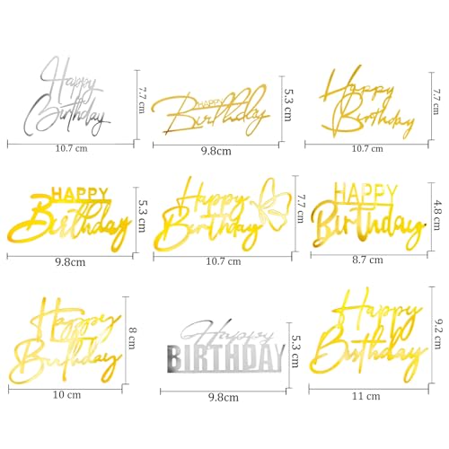 Happy Birthday Cake Topper Golden Acrylic 9 Pack Party Decor