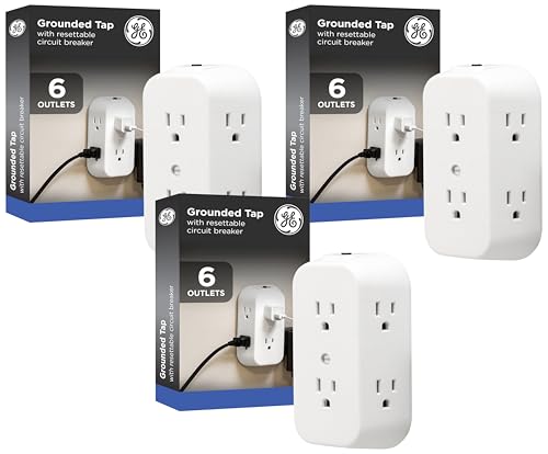 GE 6-Outlet Wall Tap with Circuit Breaker, 3-Pack, White