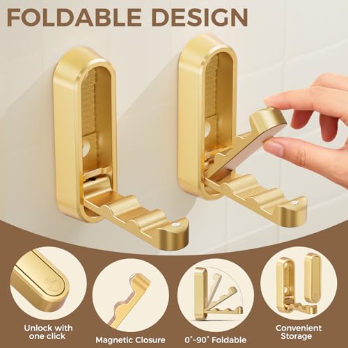 CMRUI Folding Coat Hooks - Heavy Duty Zinc Alloy Wall Hooks, Gold (2-Pack)