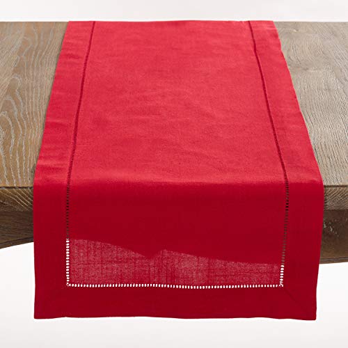 Hemstitch Table Runner - Textured Fabric, Red, 16x45 inches - Elegant Dining Decor