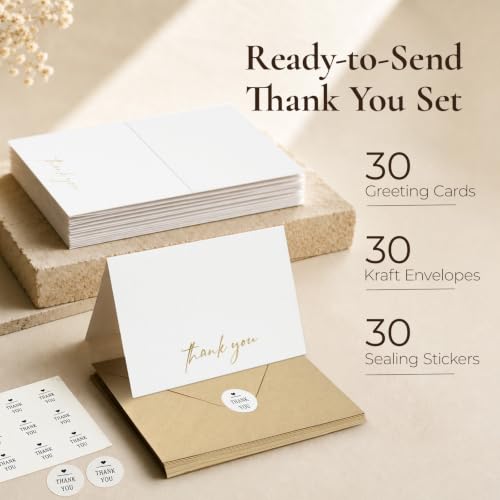 Vienrose 30 Pack Thank You Cards with Kraft Envelopes & Gold Foil Stickers
