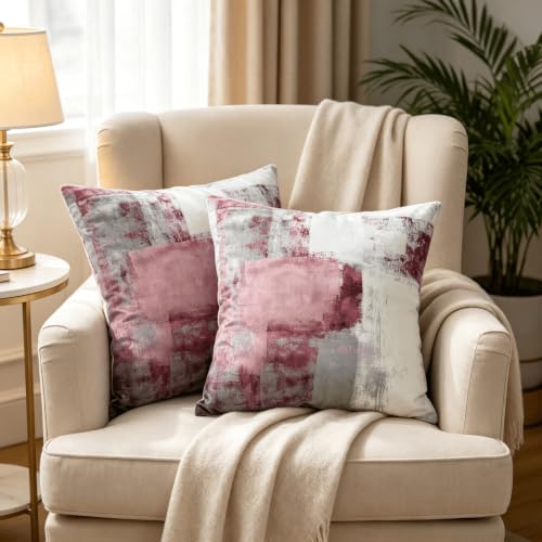 OYIMUA Mauve Pink Velvet Throw Pillow Covers 16x16 Set of 2 Modern Abstract Accent Sofa Pillows