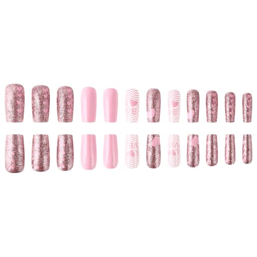 Pink Heart Press on Nails Medium Square Fake Nails with Glitter