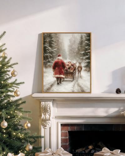 Santa Claus Wall Art Canvas Print 16x20 Framed Christmas Scene with Deer & Santa
