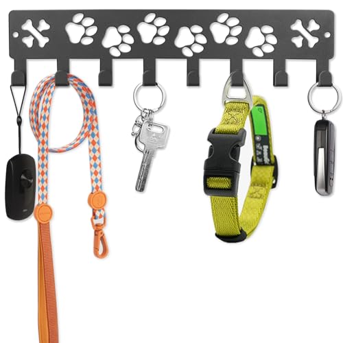FEUNLEM Dog Paw Wall Key Holder & Leash Rack - 8-Hook Black Metal Organizer