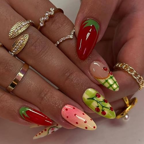 Press On Nails Medium Almond Fruit Theme Reusable Acrylic Fake Nails