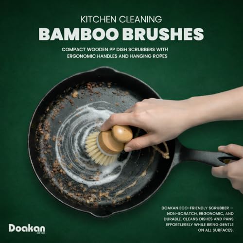 Set of 2 Eco-Friendly Bamboo Dish Scrubbing Brushes with Ergonomic Handles