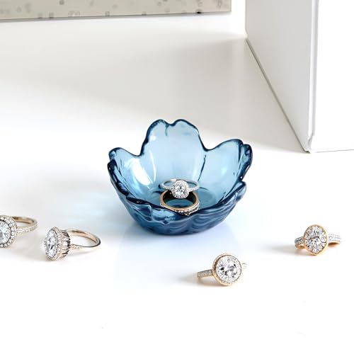 Crystal Blue Flower Ring Dish - Decorative Glass Jewelry Tray