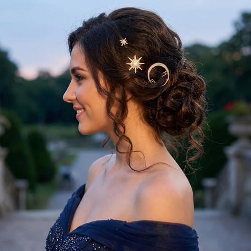 Wouputy 3 Pack Gold Crystal Moon and Star Hair Pins Celestial Accessories