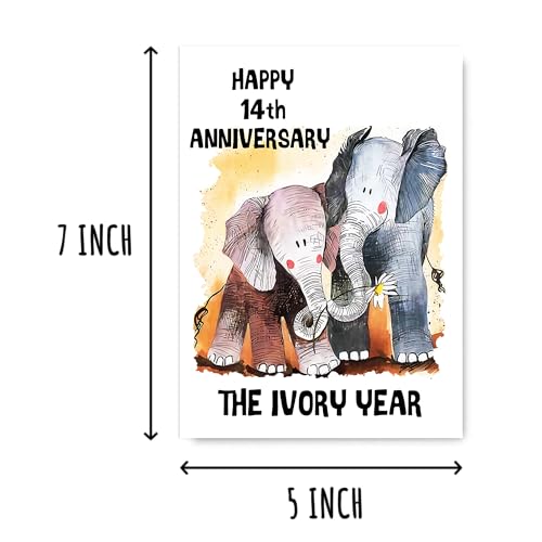 Happy 14th Anniversary Card - Elephants Design, 5x7 inches