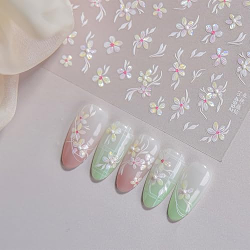 5D Embossed Flower Nail Art Stickers - White Peach Blossom Decals