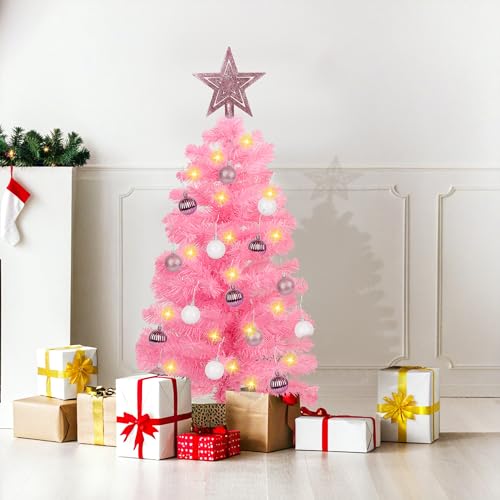 Pink 3ft Artificial Christmas Tree with 12 Modes Dual Color Lights and Ornaments - Variation Pink 2
