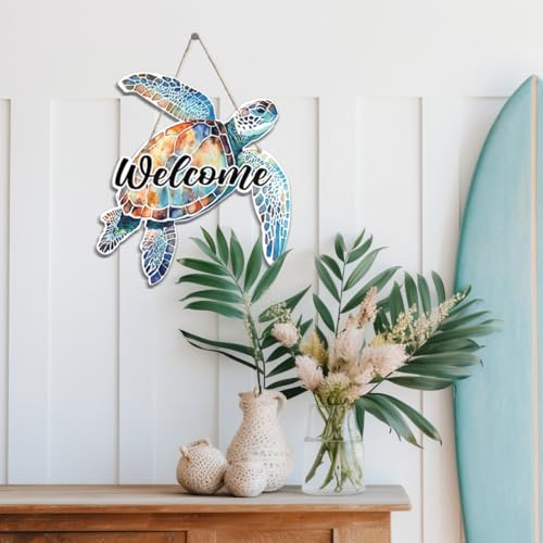 Sea Turtle Wooden Door Sign - Beach Decor Hanging Wall Art 12x10 Inch