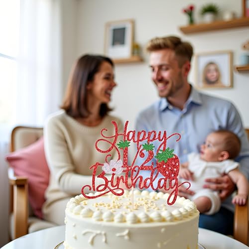 Sleyberoy Strawberry Red Glitter Cake Topper for 1/2 Birthday