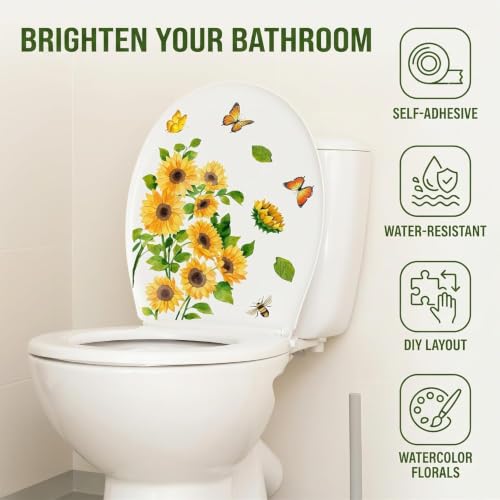Sunflower Toilet Lid Decal - Waterproof Self-Adhesive Wall Sticker for Bathroom Decor