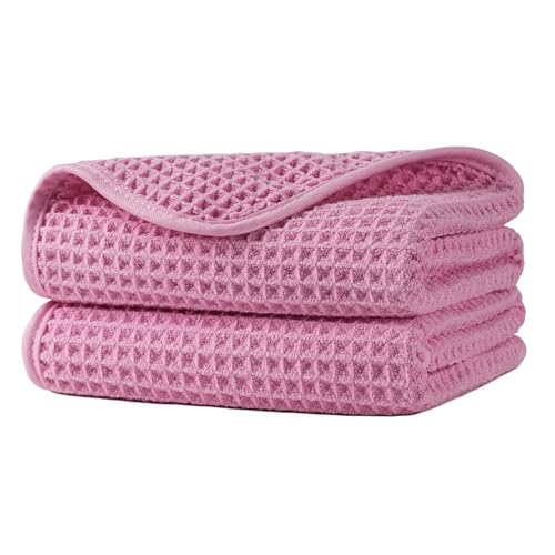 MICROFI Microfiber Waffle Hand Towels - 16x30 Inch, 2-Piece Set (Pink)